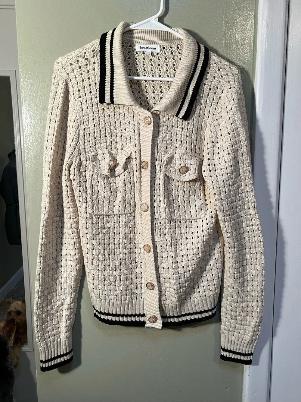 Heartloom Womens Sz Large Posey Cardi Cardigan Sweater Beige Black Marble Button